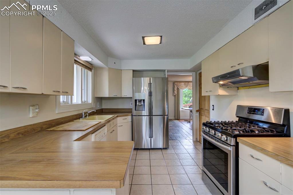 Image 13 of 49: Kitchen with appliances with stainless steel finishes, range hood, a sink,