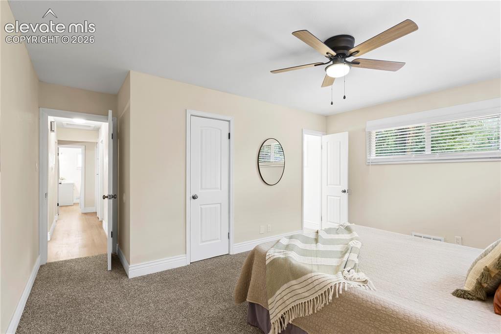 Image 12 of 36: Carpeted room featuring a ceiling fan with light fixture, multiple windows