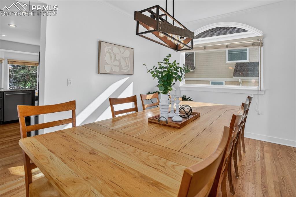 Image 12 of 47: New paint, trim, crown molding, modern light fixture.