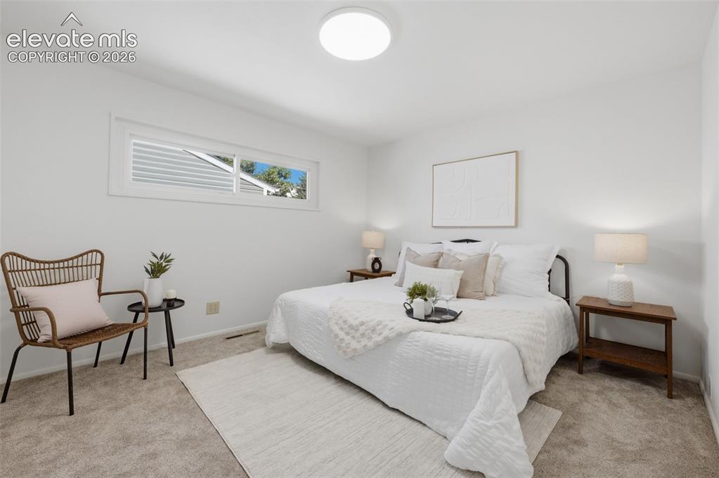 Image 20 of 34: Neutral wall paint, plush carpeting, horizontal window, ceiling-mounted lig