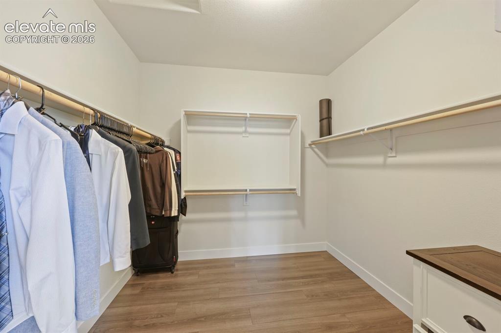 Image 23 of 45: Spacious walk-in closet featuring wood-finish flooring, white walls, and in