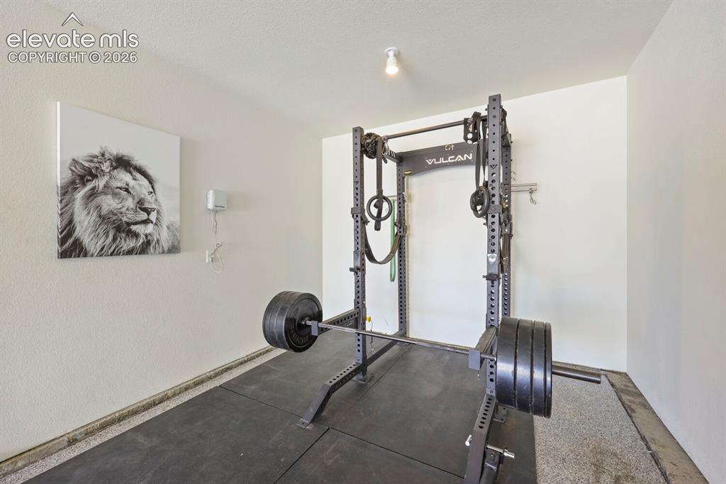 Image 38 of 45: Dedicated home gym area featuring a power rack and rubberized flooring