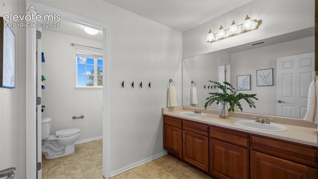 Image 27 of 43: Bathroom featuring a dual vanity with wood cabinetry, a light-colored count