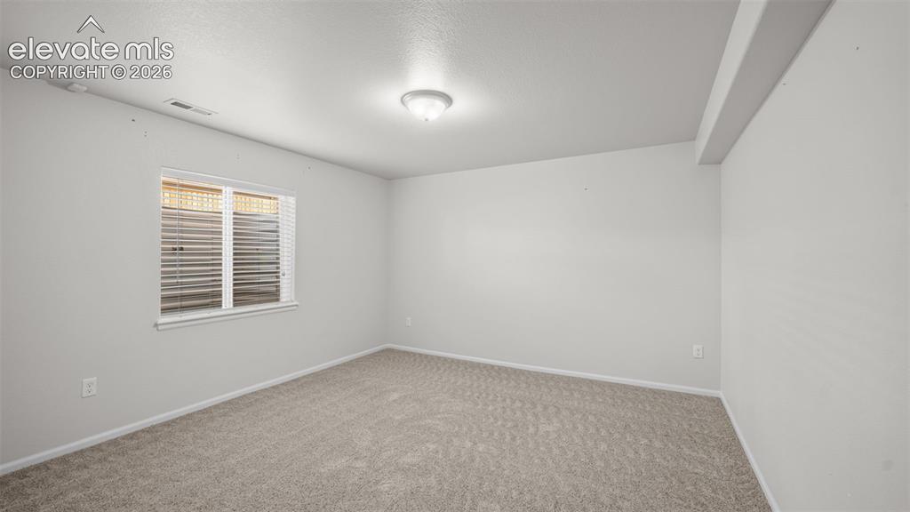 Image 33 of 43: Neutral-toned carpeting in a spacious room with a single window featuring h