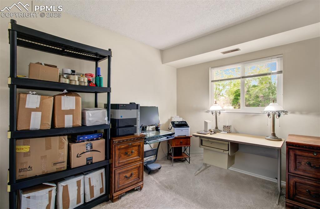Image 20 of 25: Home office featuring carpet flooring and a textured ceiling