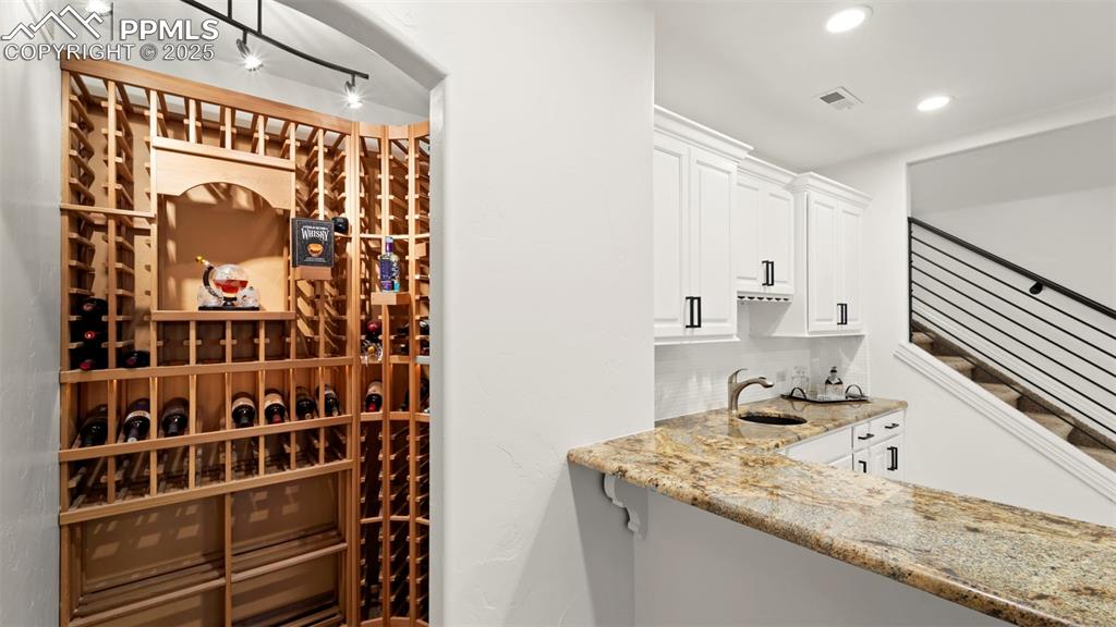 Image 28 of 50: Wine cellar with a sink and recessed lighting