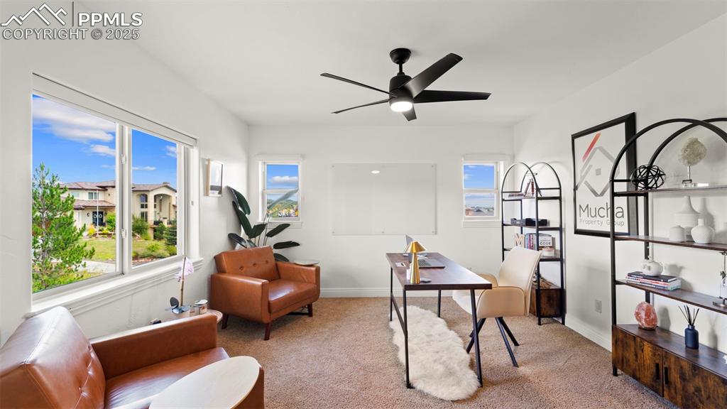 Image 33 of 50: Office area with carpet and ceiling fan