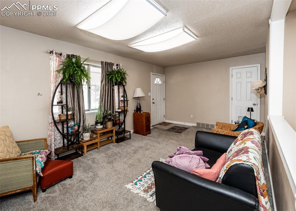 Image 17 of 42: Carpeted living room with a textured ceiling