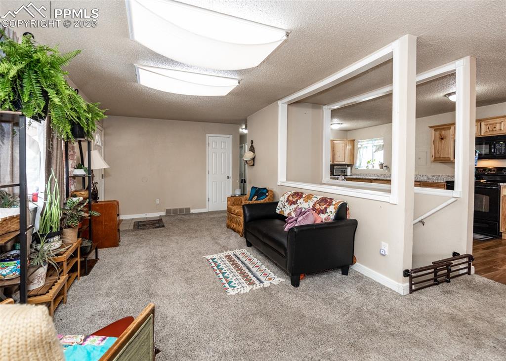 Image 18 of 42: Living area featuring carpet floors, a textured ceiling, and baseboards