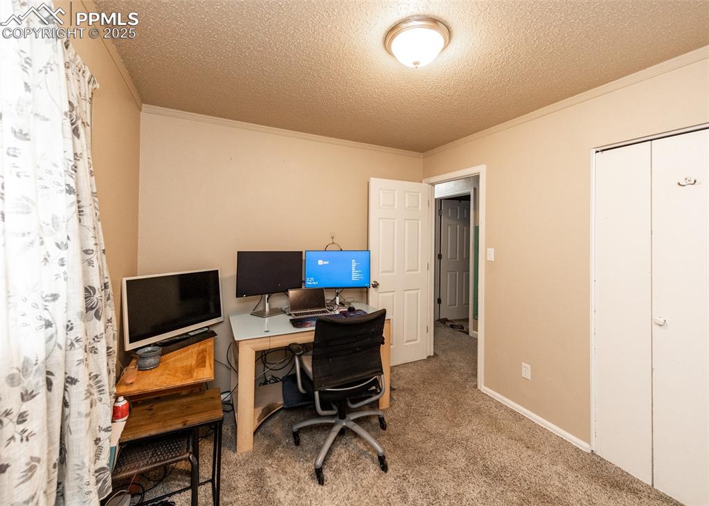 Image 21 of 42: Office area featuring ornamental molding, a textured ceiling, and carpet fl