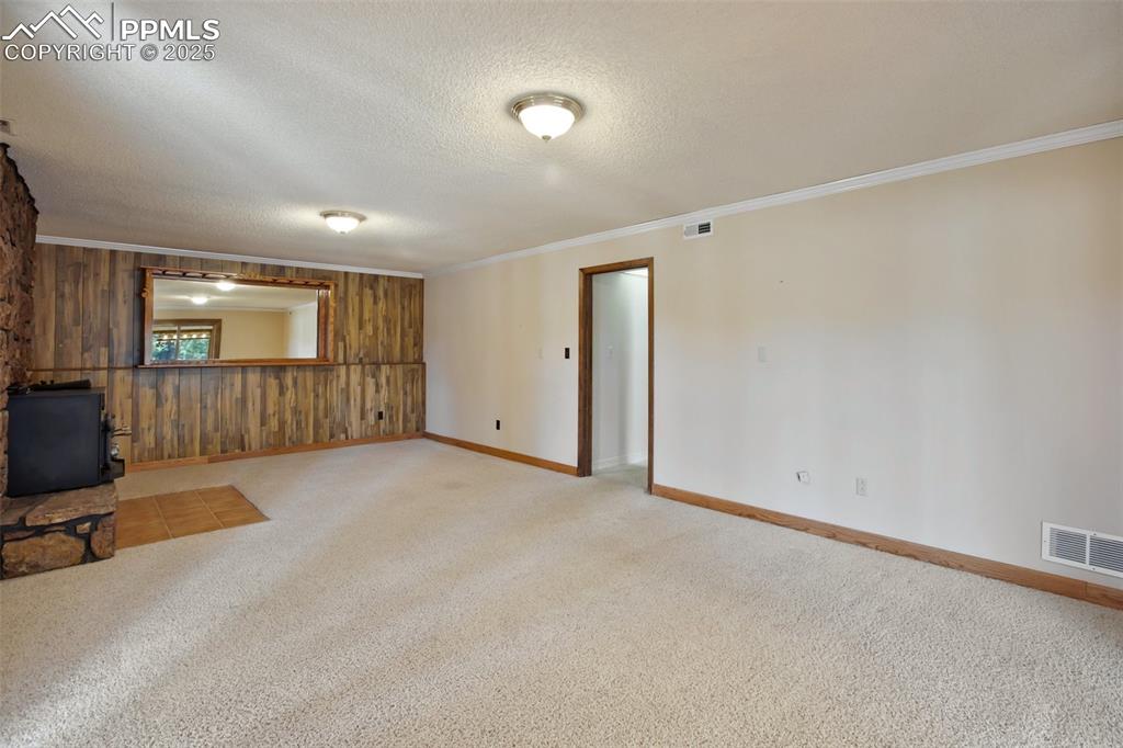 Image 19 of 36: Lower level family room with wood stove