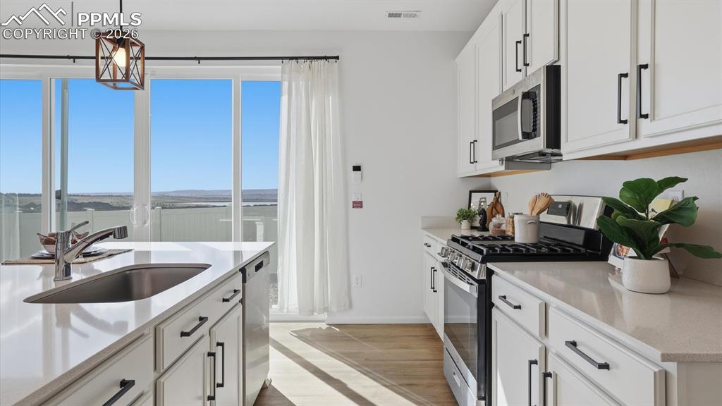 Image 16 of 45: Appliances include a gas range oven, built-in microwave, and dishwasher.