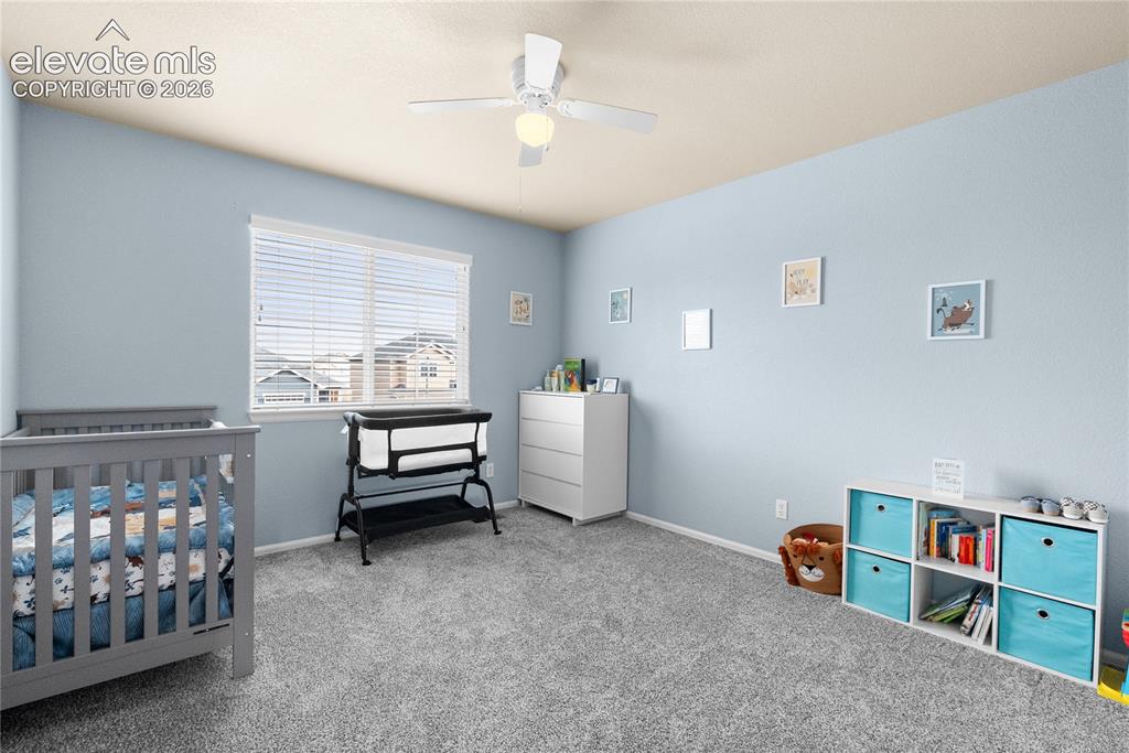 Image 24 of 41: Spacious room with a vaulted ceiling, light blue wall finishes, and grey ca