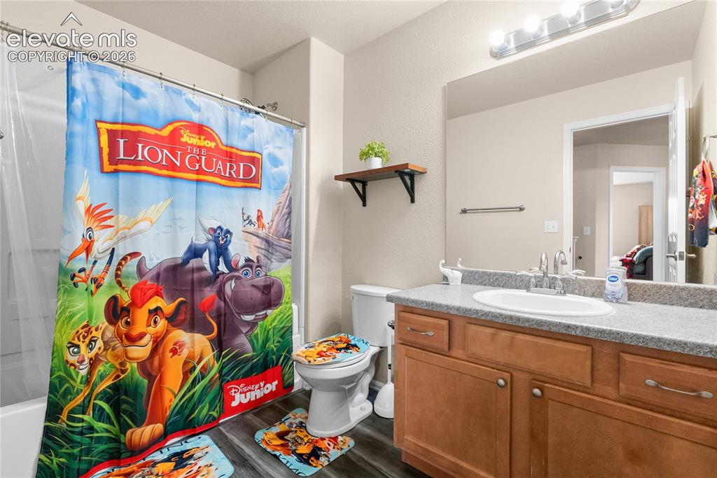 Image 28 of 41: Bathroom featuring a single vanity with a stone-finish countertop, wood-fin