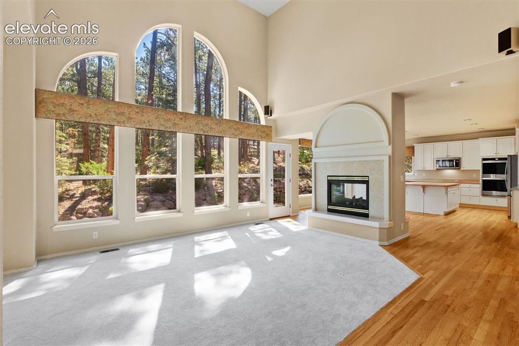 Image 3 of 50: Family room with dual sided fireplace and wall of windows