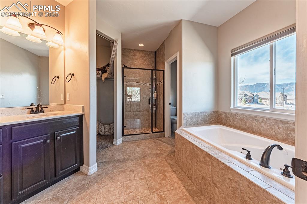 Image 15 of 36: Bathroom featuring toilet, a stall shower, a bath, a mountain view, and van