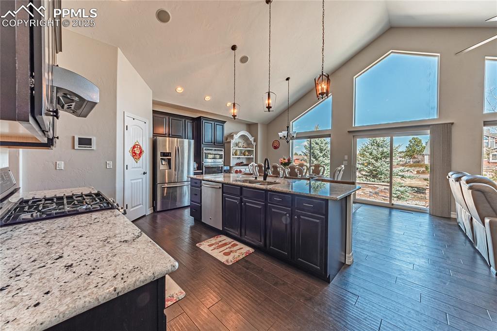 Image 8 of 36: Kitchen featuring light stone countertops, dark wood-style flooring, a sink