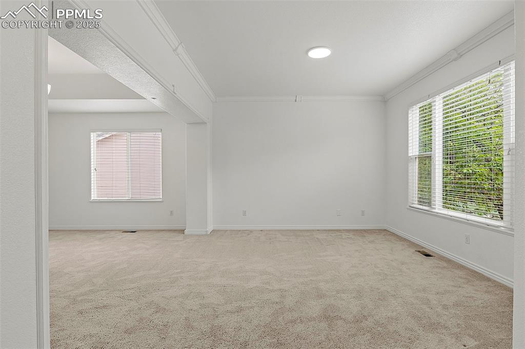 Image 9 of 48: Spare room with crown molding, carpet flooring, and baseboards