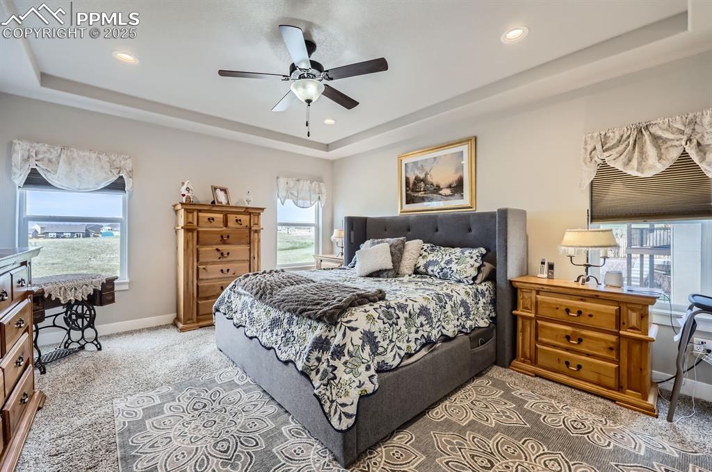 Image 10 of 27: Bedroom with a raised ceiling, multiple windows, recessed lighting, and bas
