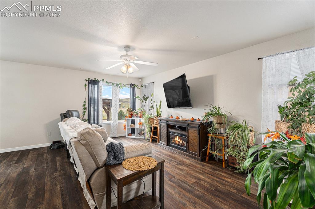 Image 7 of 30: Living room with dark wood-type flooring, a glass covered fireplace, a text