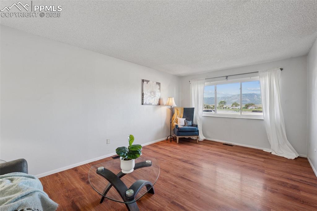 Image 6 of 41: Living area featuring wood finished floors and a textured ceiling