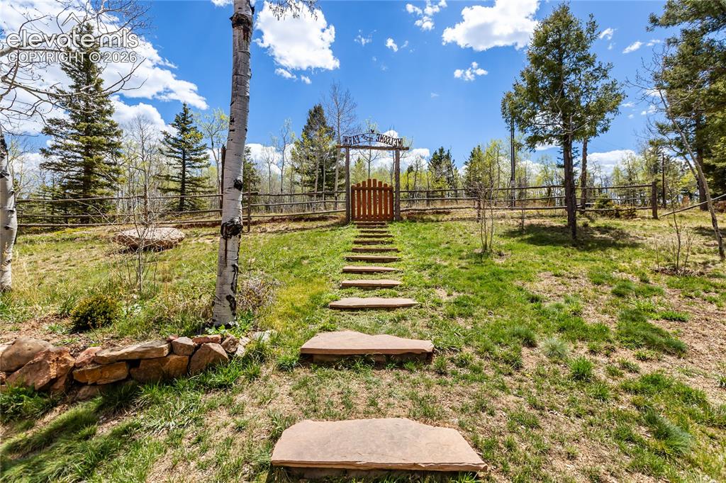 Image 38 of 40: fenced front yard with mature aspens and pines!