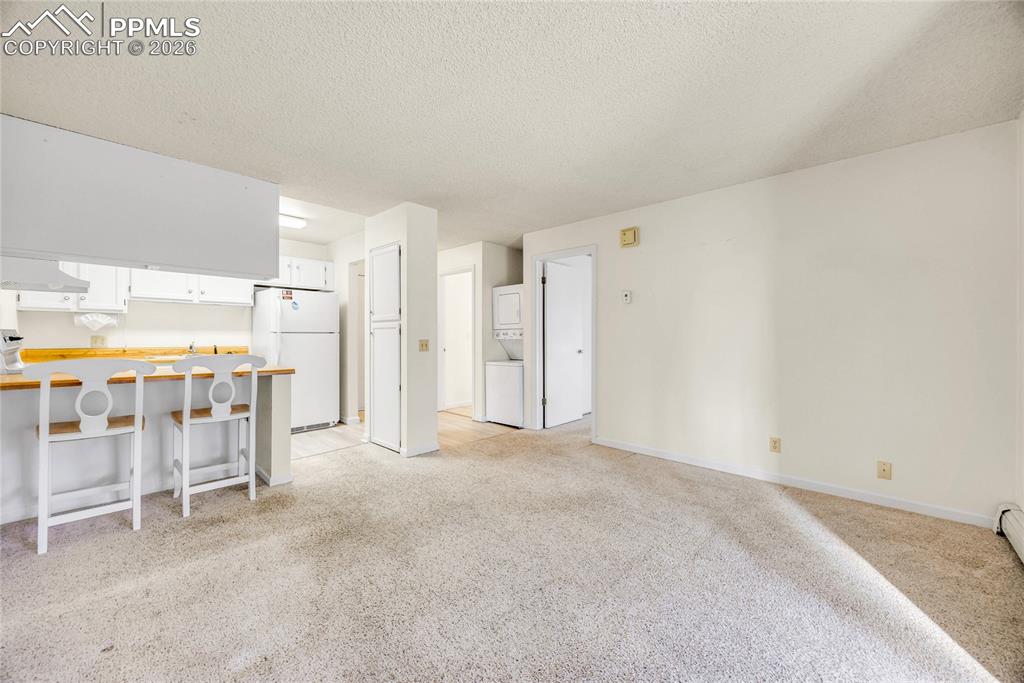 Image 15 of 17: Unfurnished living room featuring a textured ceiling, light colored carpet,