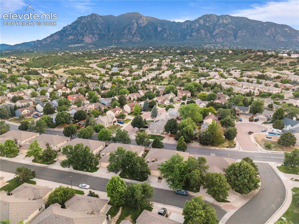 Image 41 of 41: Neighborhood aerial with mature landscaping and mountain backdrop