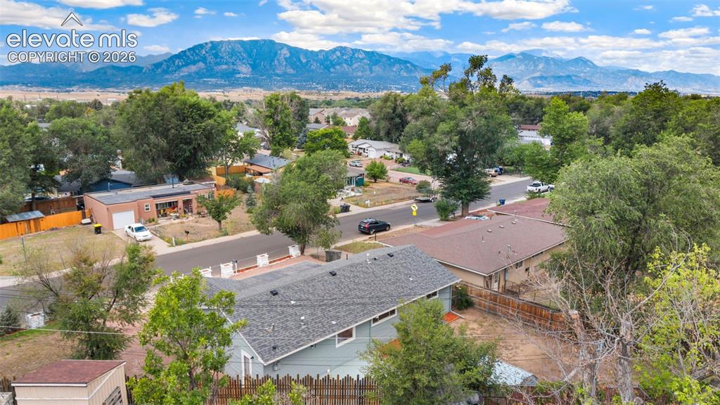 Image 10 of 33: Residential neighborhood with mature trees and a distant mountain range