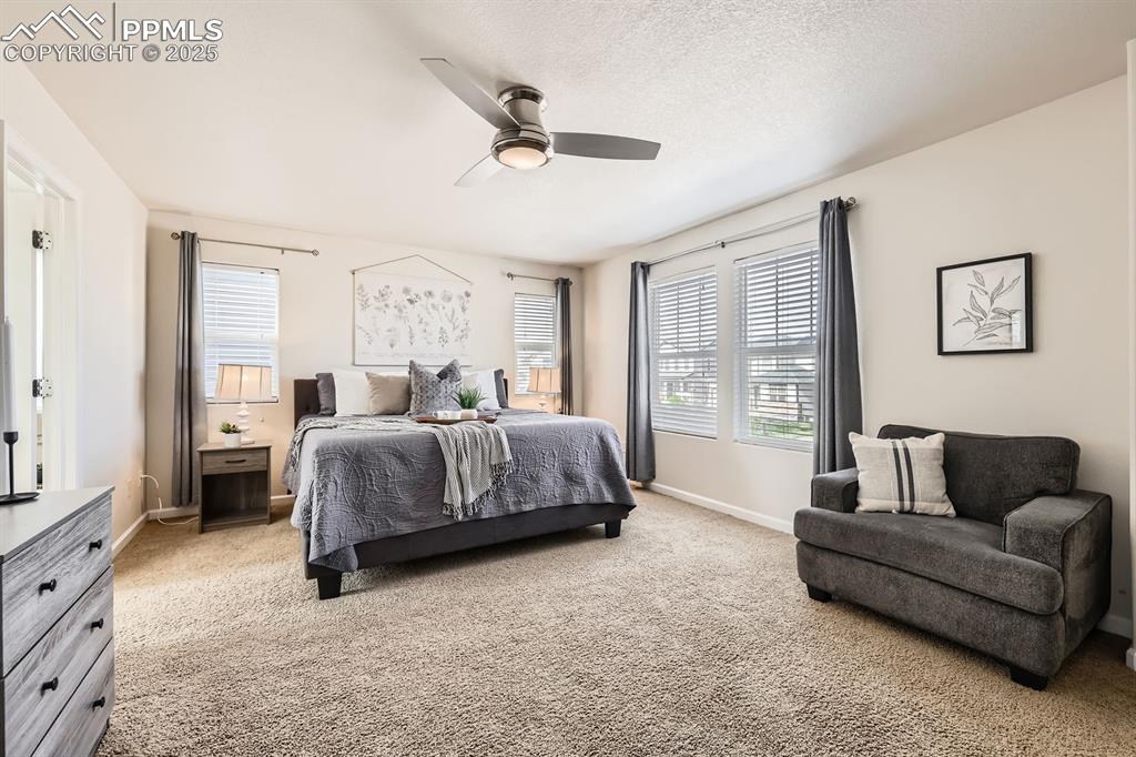Image 15 of 39: Bedroom featuring light carpet, multiple windows, a ceiling fan, and a text