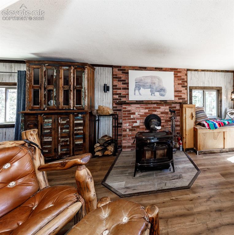 Image 23 of 50: Living room with wood burning fireplace