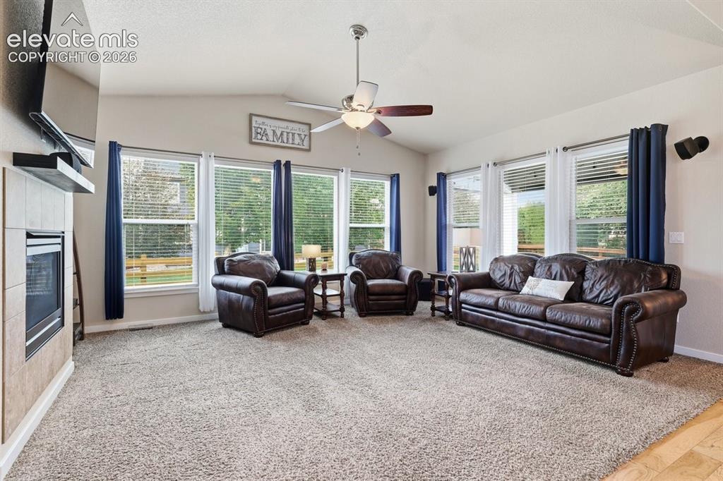 Image 13 of 50: vaulted ceiling, gas fireplace, and lots of natural light pours in
