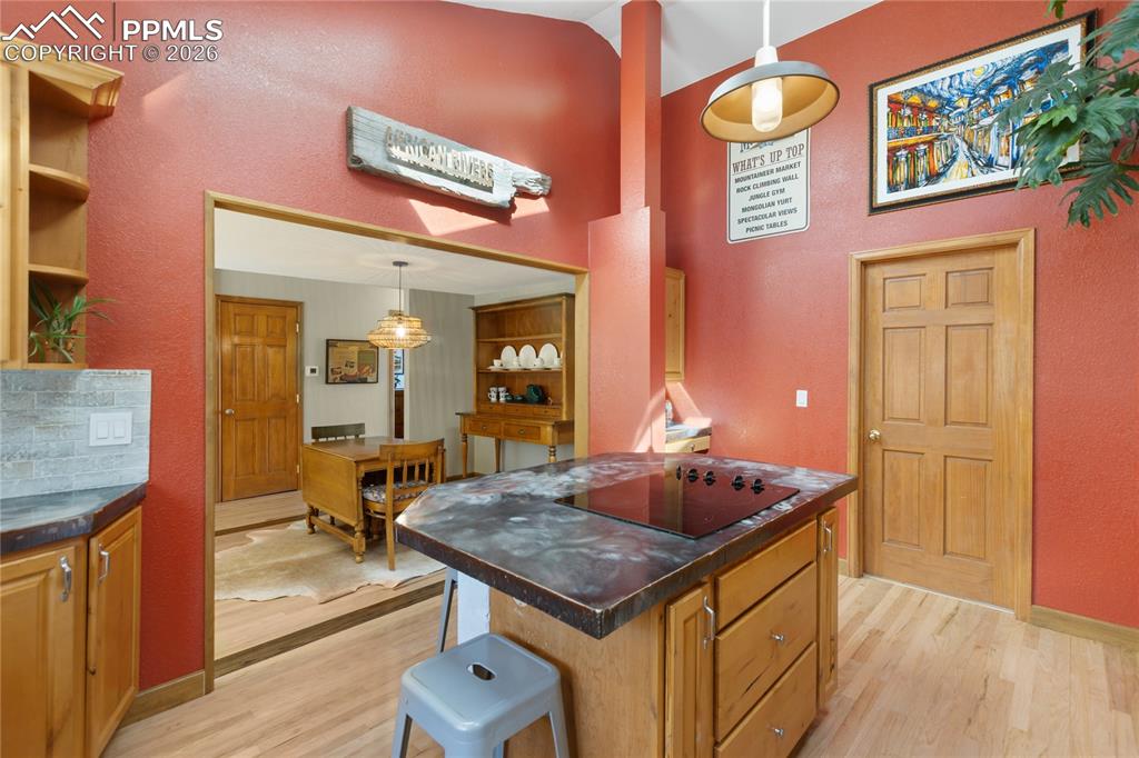 Image 10 of 50: Kitchen is updated! Stainless steel appliances, concrete counters, vaulted