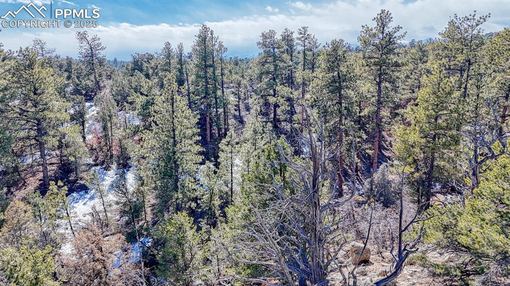 Image 15 of 15: Aerial view featuring a wooded view