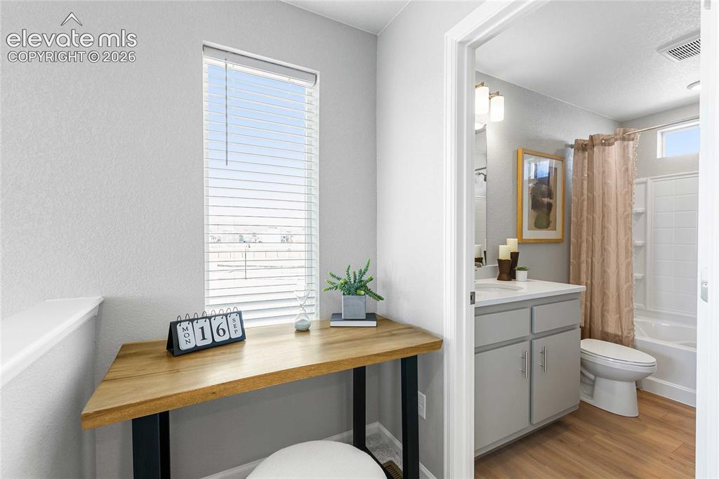 Image 25 of 31: Compact desk area with a wood-finish surface and a window featuring horizon