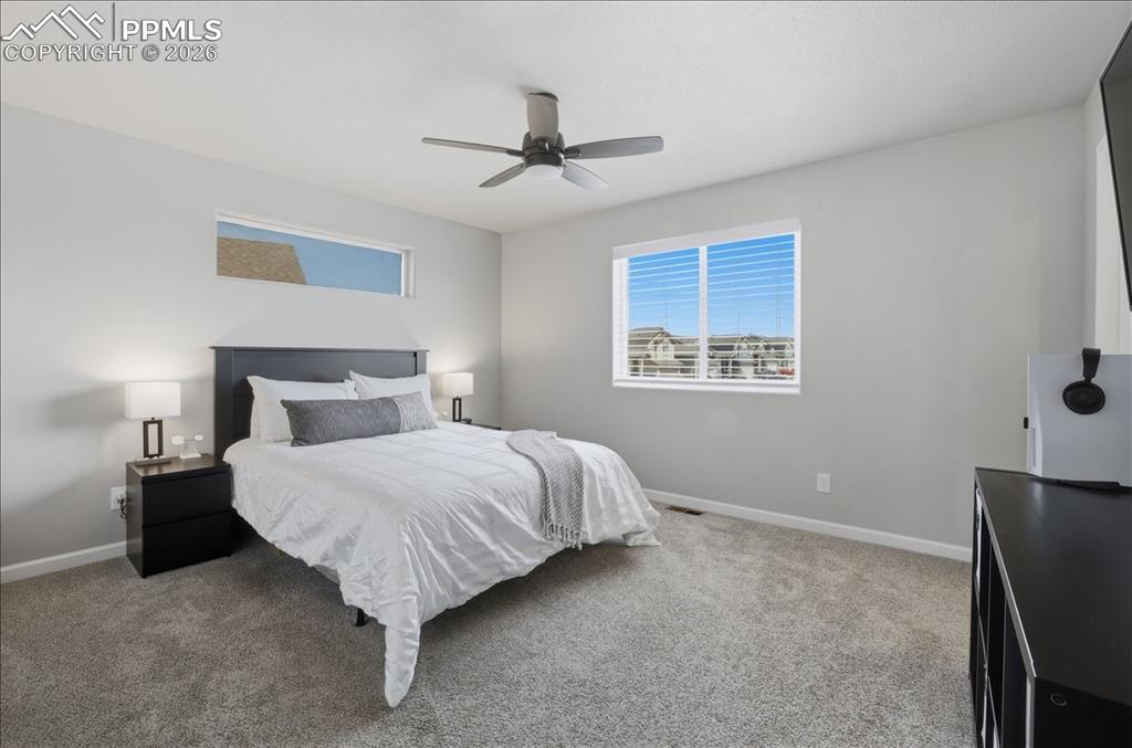 Image 19 of 47: Inviting bedroom featuring soft gray wall paint, gray carpeting, and a ceil