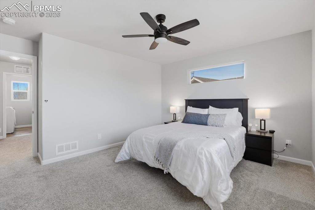 Image 20 of 47: This room features carpeted flooring, light grey walls, and a ceiling fan w