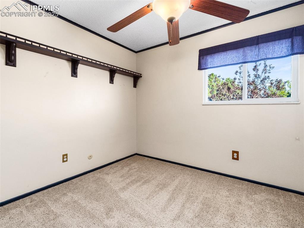 Image 14 of 38: Spare room with carpet flooring, a textured ceiling, crown molding, and a c