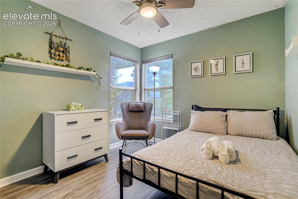 Image 26 of 40: Room featuring wood-finish flooring, a ceiling fan, and multiple windows