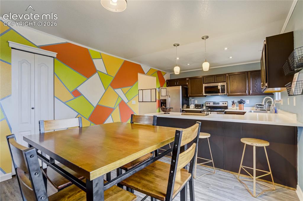 Image 9 of 40: Open-concept dining area and kitchen featuring a vibrant geometric accent w