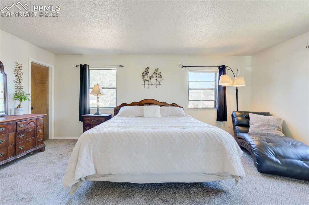 Image 16 of 35: Bedroom with light colored carpet and a textured ceiling