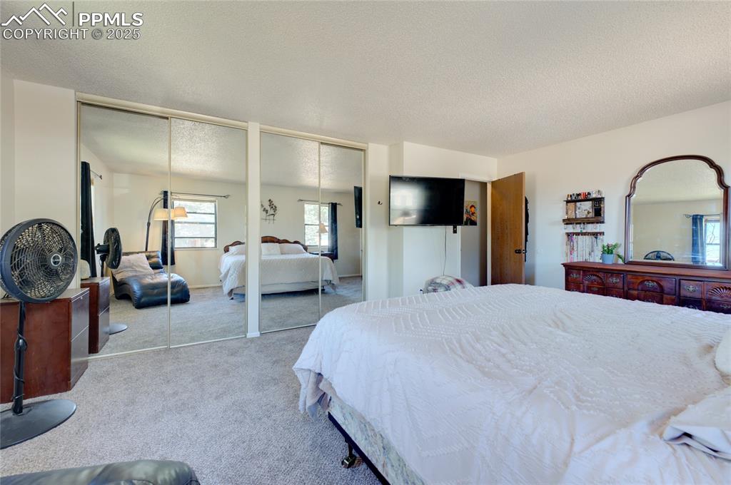 Image 17 of 35: Bedroom featuring two closets, carpet floors, and a textured ceiling