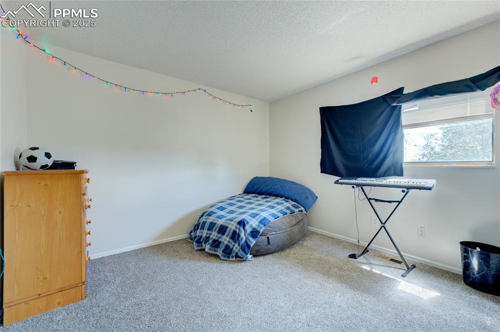 Image 20 of 35: Bedroom featuring carpet and a textured ceiling