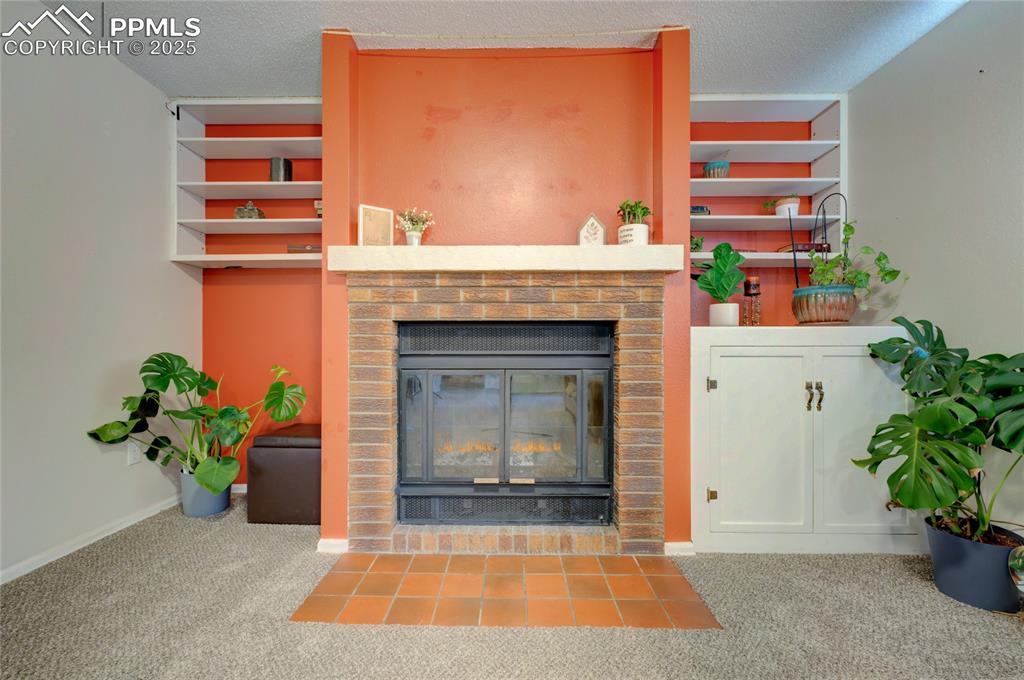 Image 26 of 35: Detailed view of carpet, a textured ceiling, and built in features