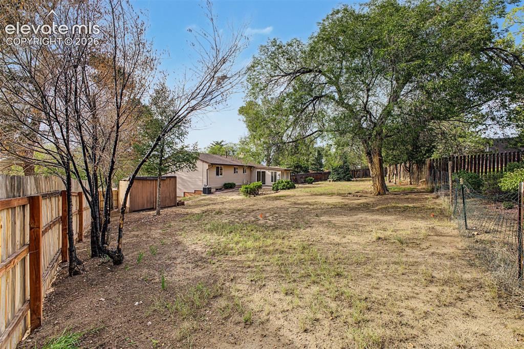 Image 31 of 36: Expansive backyard with a large mature tree, wood fencing, and a tan exteri