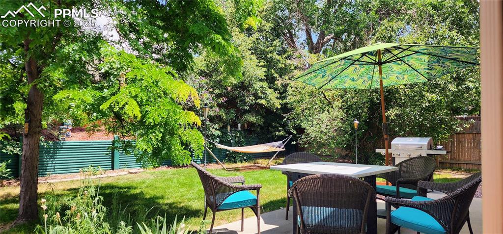 Image 31 of 32: Fenced backyard featuring outdoor dining area, a patio, and grilling area