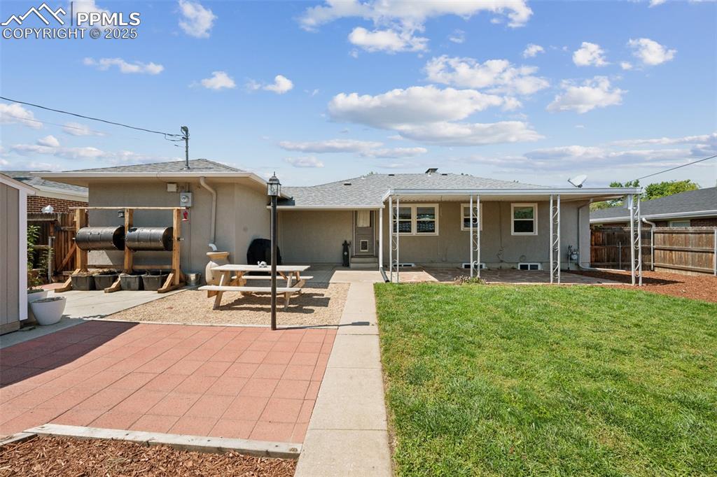 Image 29 of 30: Back of property featuring a patio and roof with shingles