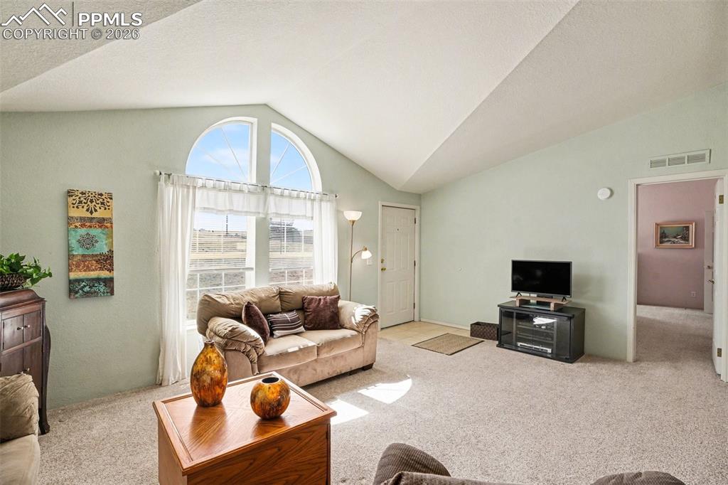 Image 5 of 27: The living room with vaulted ceiling is warm and inviting, centered around 
