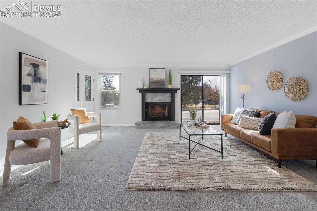 Image 10 of 31: Living room with carpet, ornamental molding, a textured ceiling, and a fire