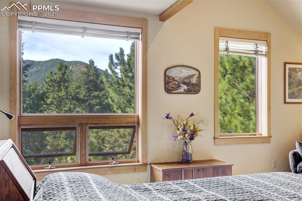 Image 23 of 50: Primary bedroom with multiple windows and a mountain view